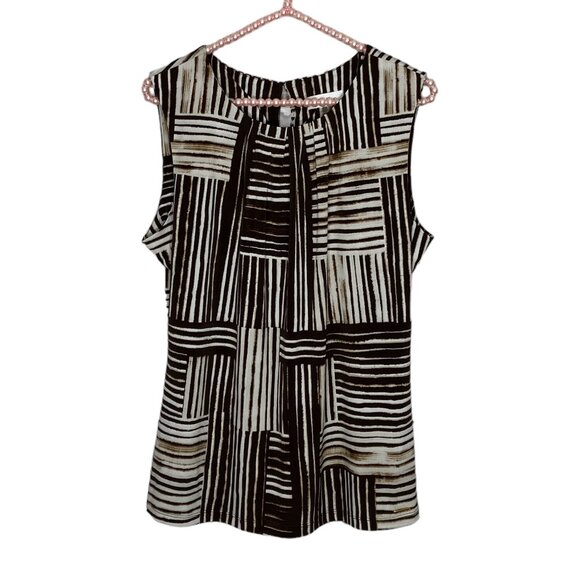Calvin Klein‎ Large L Brown Geo Stripe Stretch Jersey Knit Sleeveless Shell Top - Picture 1 of 4
